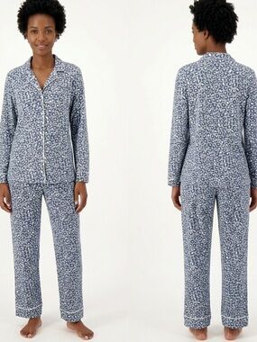 Anne Klein Leopard Print 2-Piece Pajama Set – Blue/White Size S